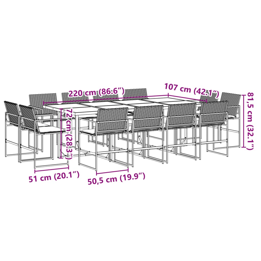 Set da Pranzo da Giardino 13pz con Cuscini Nero in Polyrattan