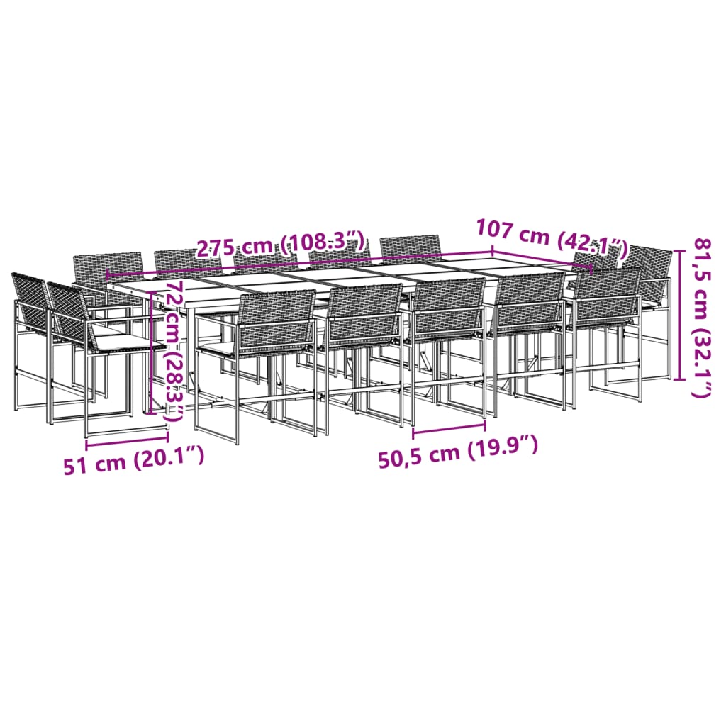 Set da Pranzo da Giardino 15 pz con Cuscini Nero in Polyrattan