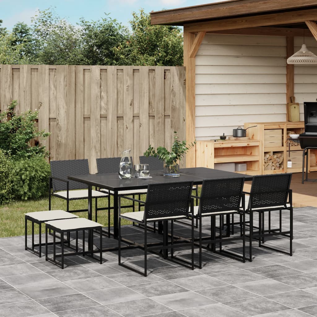 11 pc Garden Dining Set with Black Polyrattan Cushions