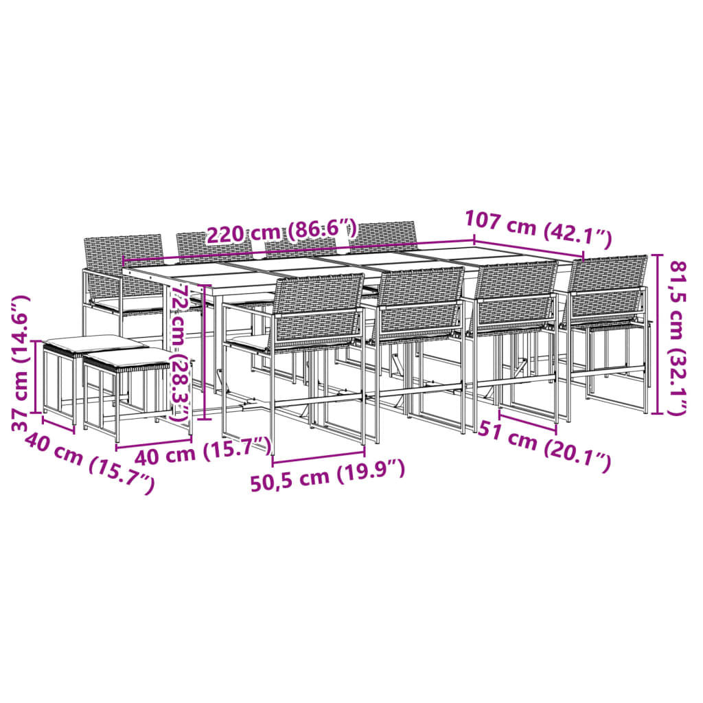 Set da Pranzo da Giardino 13pz con Cuscini Nero in Polyrattan