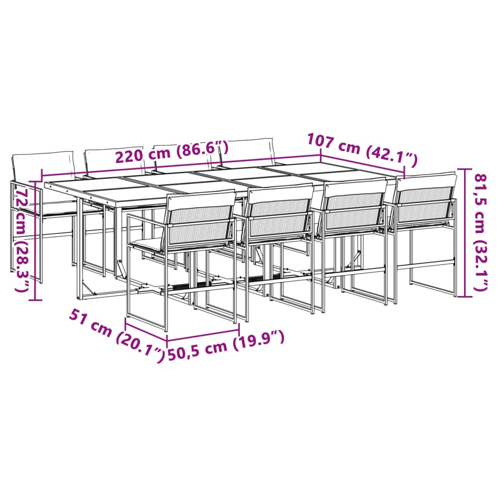 9-piece Garden Dining Set with White Textilene Cushions