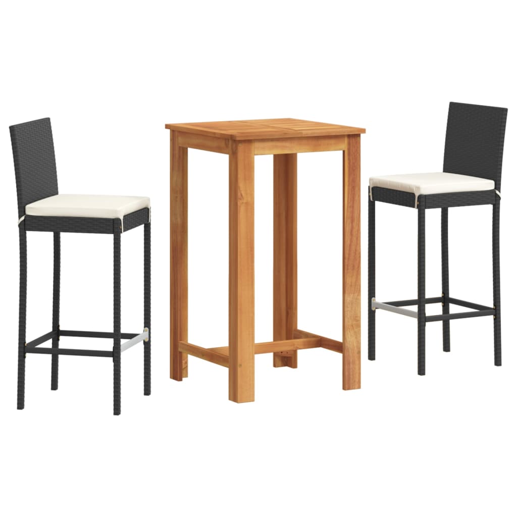 Set Bar da Giardino 3 pz Nero in Legno Acacia e Polyrattan | homemem39