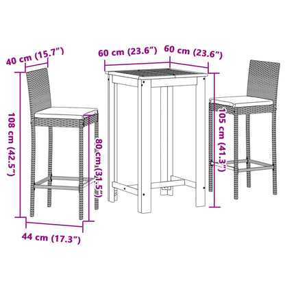 Set Bar da Giardino 3 pz Grigio in Legno Acacia e Polyrattan | homemem39