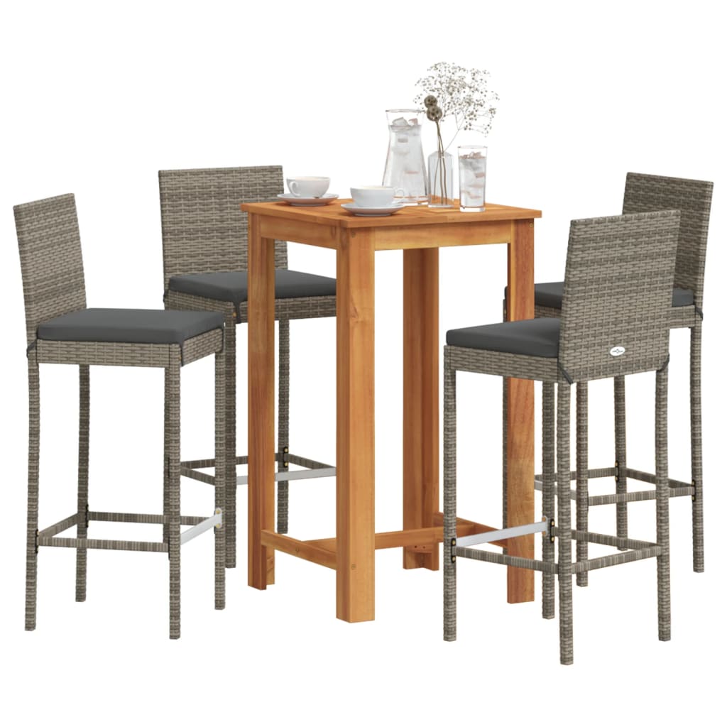 Set Bar Giardino 5pz Grigio Legno Massello Acacia e Polyrattan - homemem39