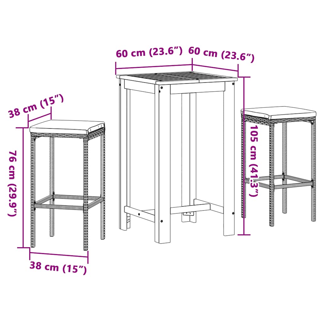 Set Bar da Giardino 3 pz Nero in Legno Acacia e Polyrattan | homemem39