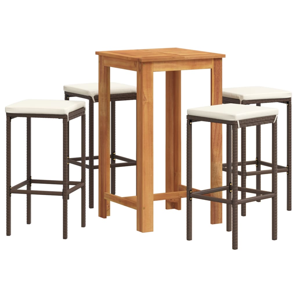Set Bar Giardino 5pz Marrone Legno Massello Acacia e Polyrattan | homemem39