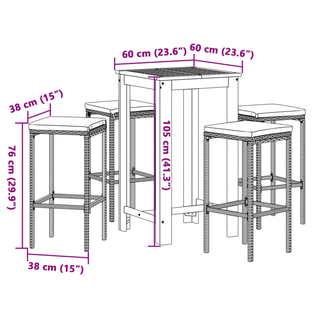 Set Bar Giardino 5pz Marrone Legno Massello Acacia e Polyrattan | homemem39