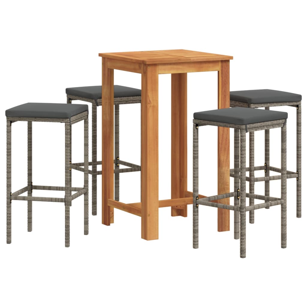 Set Bar Giardino 5pz Grigio Legno Massello Acacia e Polyrattan | homemem39