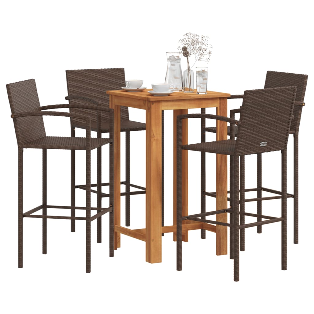 Set Bar Giardino 5pz Marrone Legno Massello Acacia e Polyrattan - homemem39