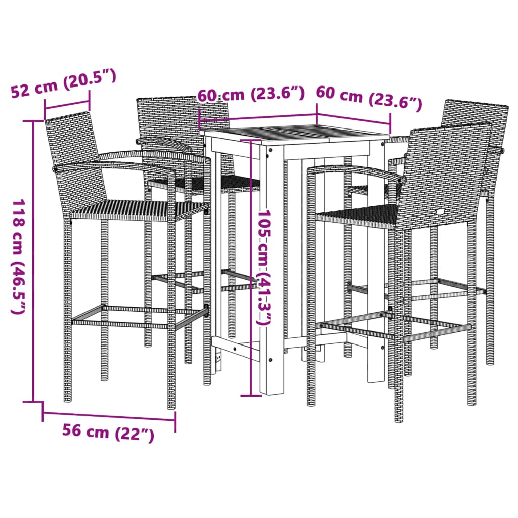 Set Bar da Giardino 5 pz Nero in Legno Acacia e Polyrattan | homemem39
