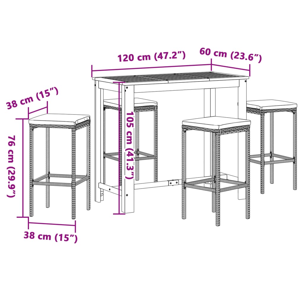 Set Bar Giardino 5pz Marrone Legno Massello Acacia e Polyrattan | homemem39