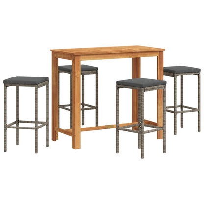 Set Bar Giardino 5pz Grigio Legno Massello Acacia e Polyrattan | homemem39