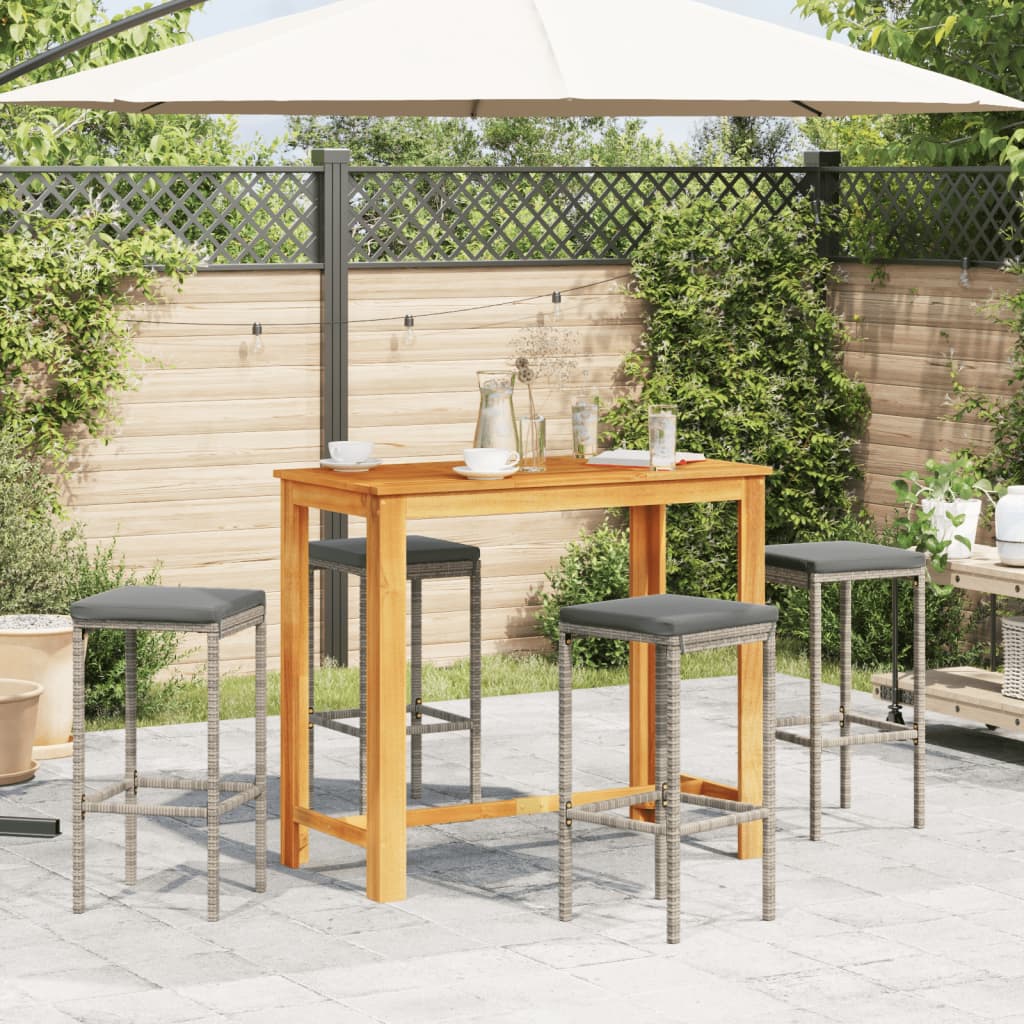 Set Bar Giardino 5pz Grigio Legno Massello Acacia e Polyrattan | homemem39