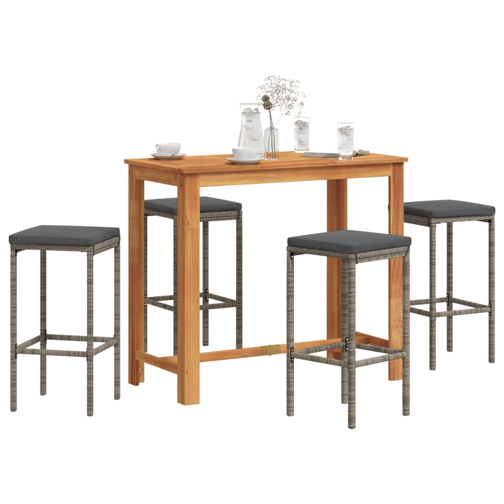 Set Bar Giardino 5pz Grigio Legno Massello Acacia e Polyrattan | homemem39