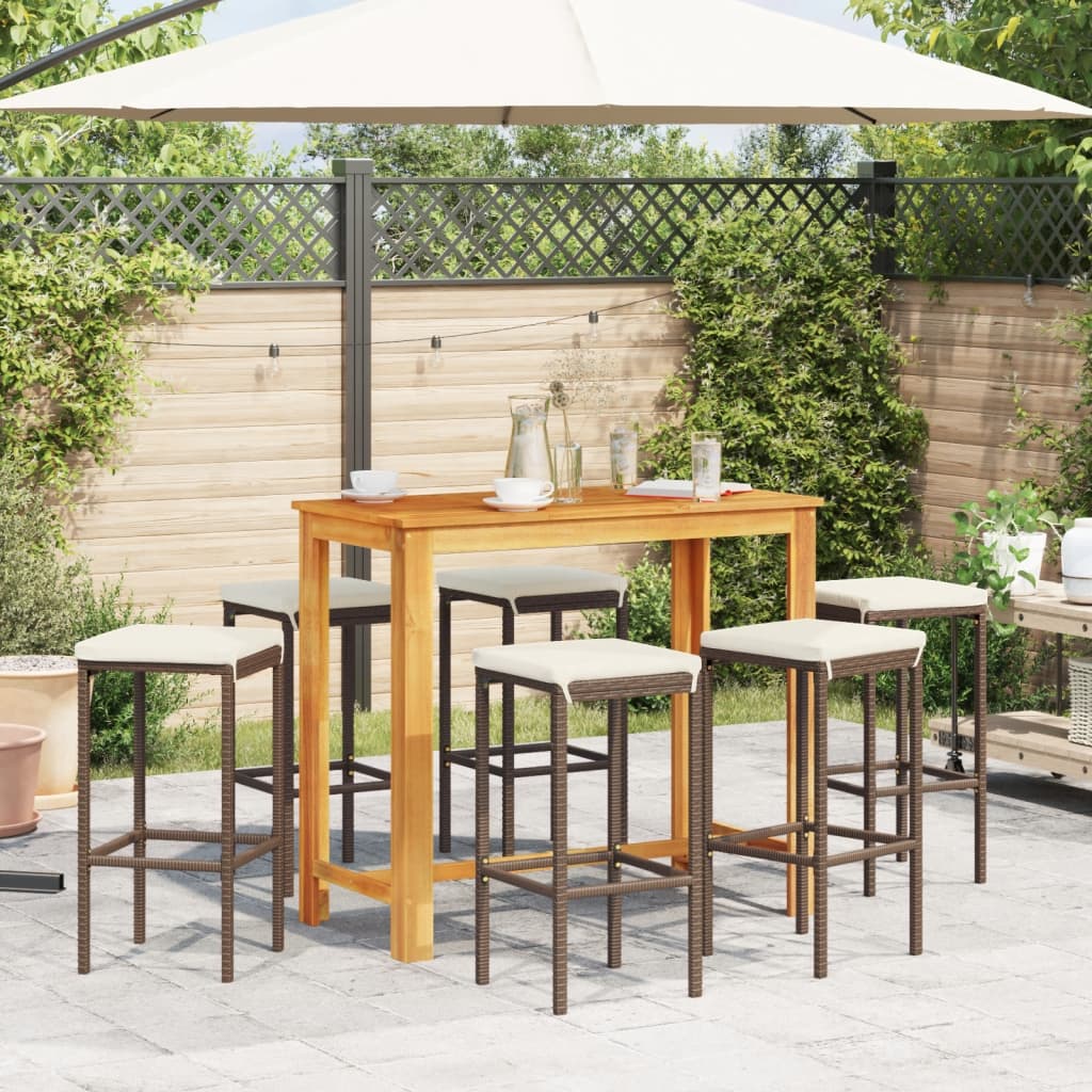 Set Bar Giardino 7pz Marrone Legno Massello Acacia e Polyrattan | homemem39