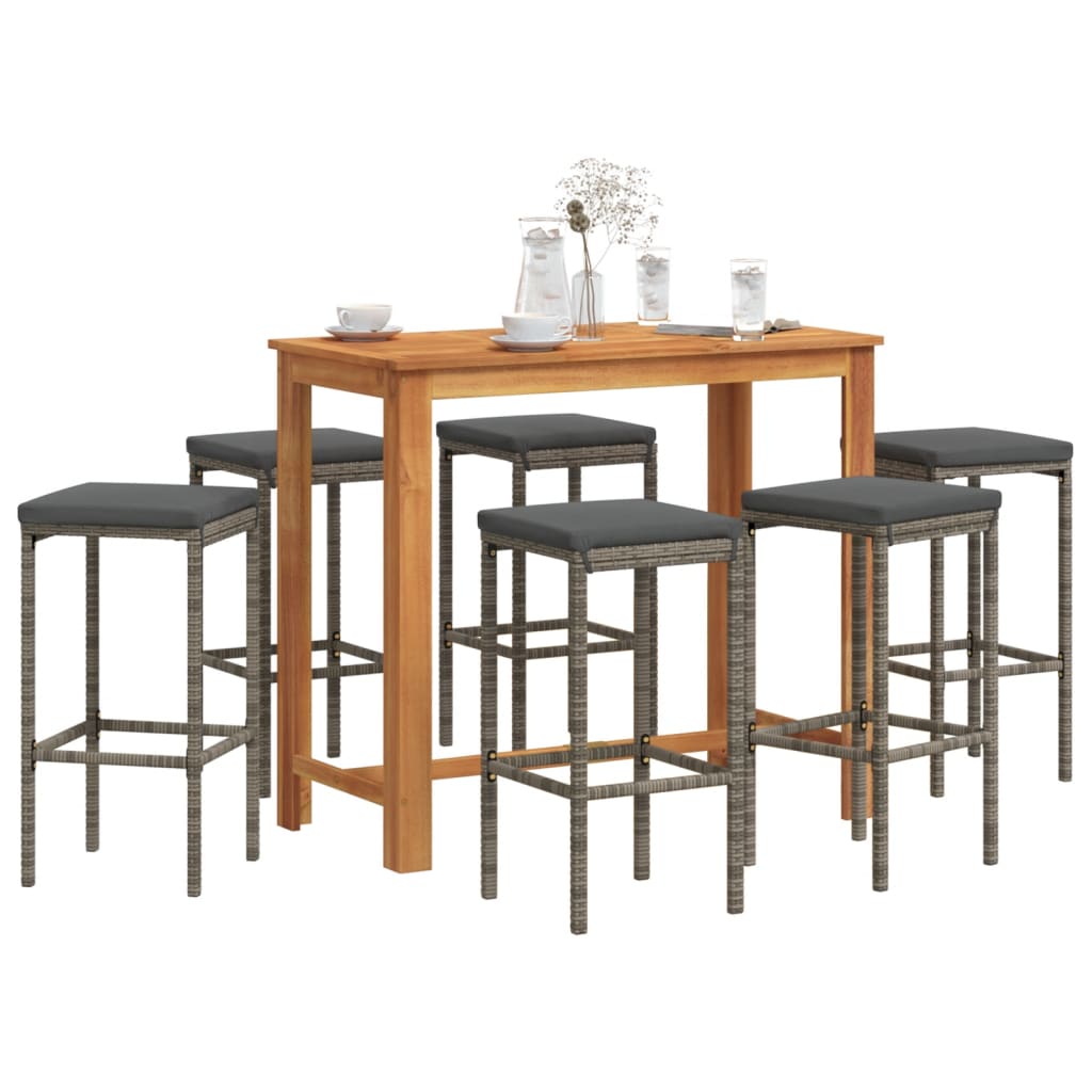 Set Bar da Giardino 7 pz Grigio in Legno Acacia e Polyrattan | homemem39