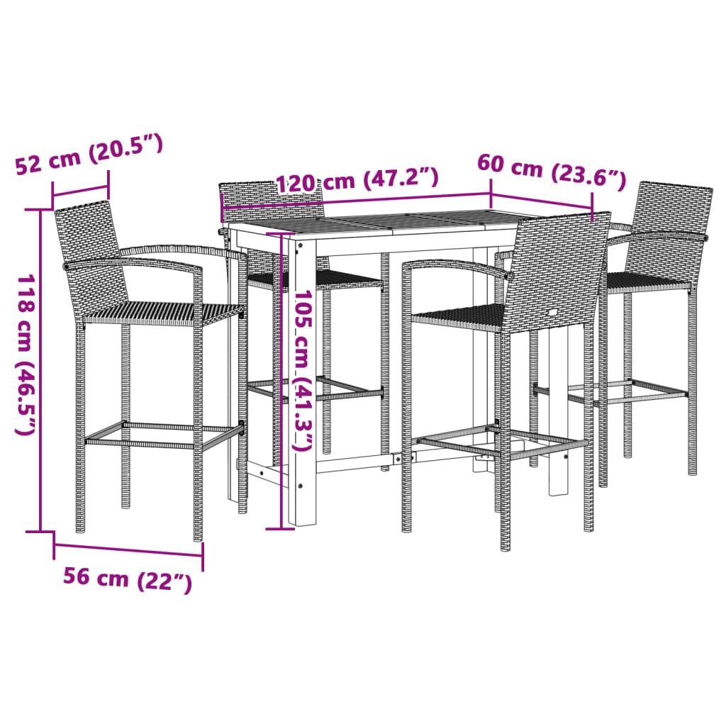 Set Bar Giardino 5pz Grigio Legno Massello Acacia e Polyrattan | homemem39