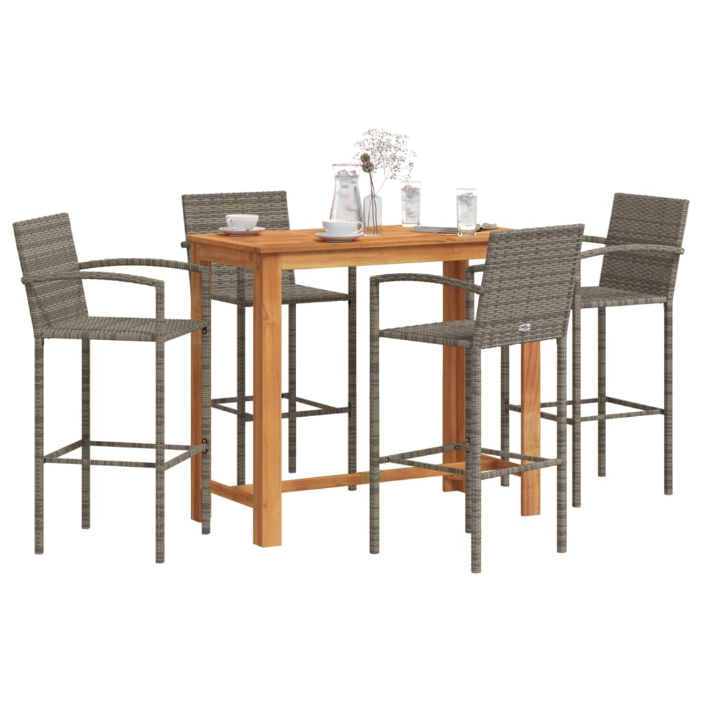 Set Bar Giardino 5pz Grigio Legno Massello Acacia e Polyrattan | homemem39