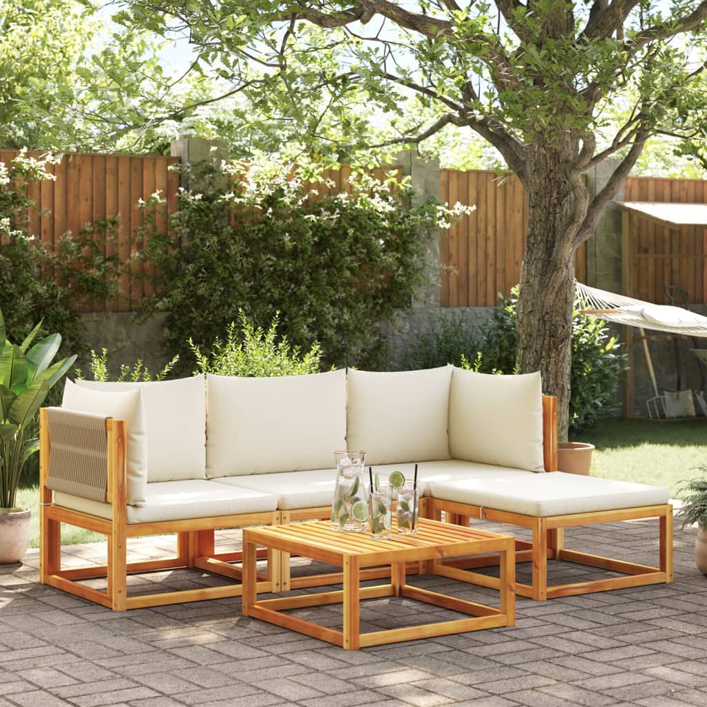 Set di divani da giardino 5 pezzi con cuscini in legno di acacia e corda | homemem39
