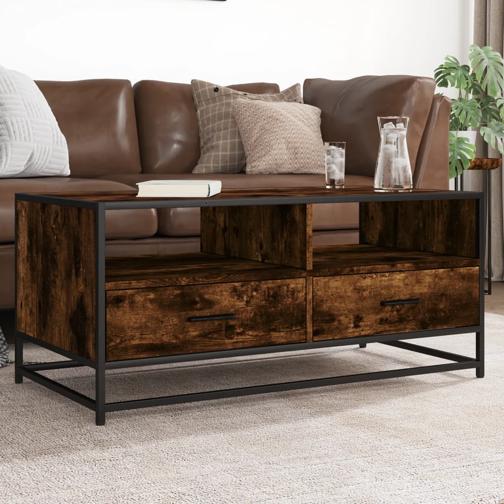Tavolino Rovere Fumo 100x50x45cm in Legno Multistrato e Metallo