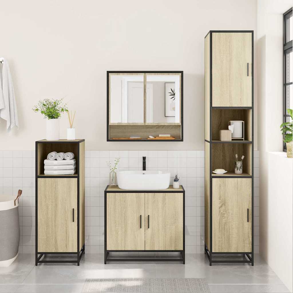 Mobiletto con specchio per bagno in rovere Sonoma 65x20x60 cm in legno ingegnerizzato | homemem39
