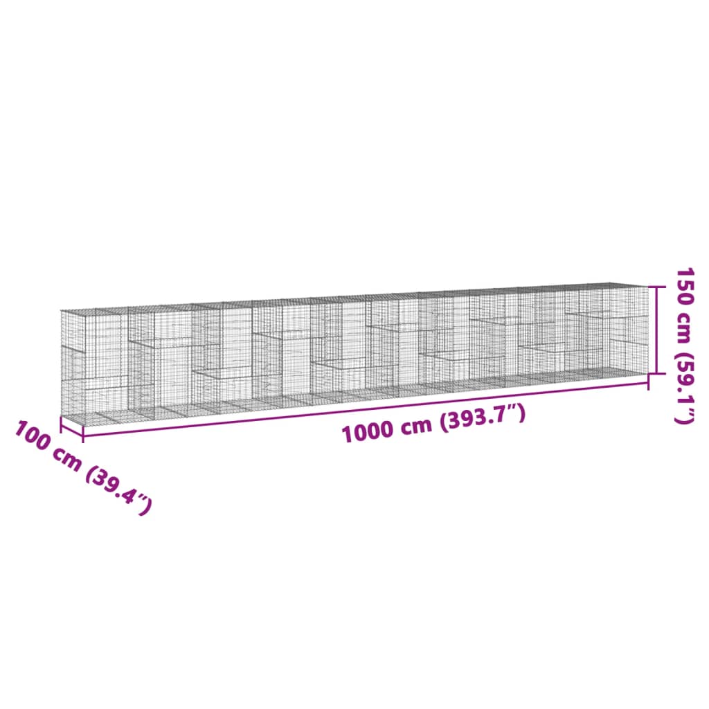 Cesto Gabbione con Copertura 1000x100x150 cm in Ferro Zincato | homemem39