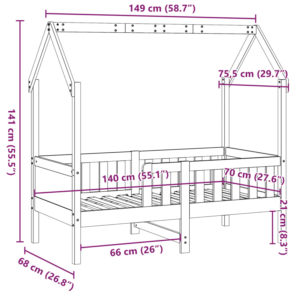 Giroletto Casetta per Bambini 70x140 cm Legno Massello di Pino | homemem39