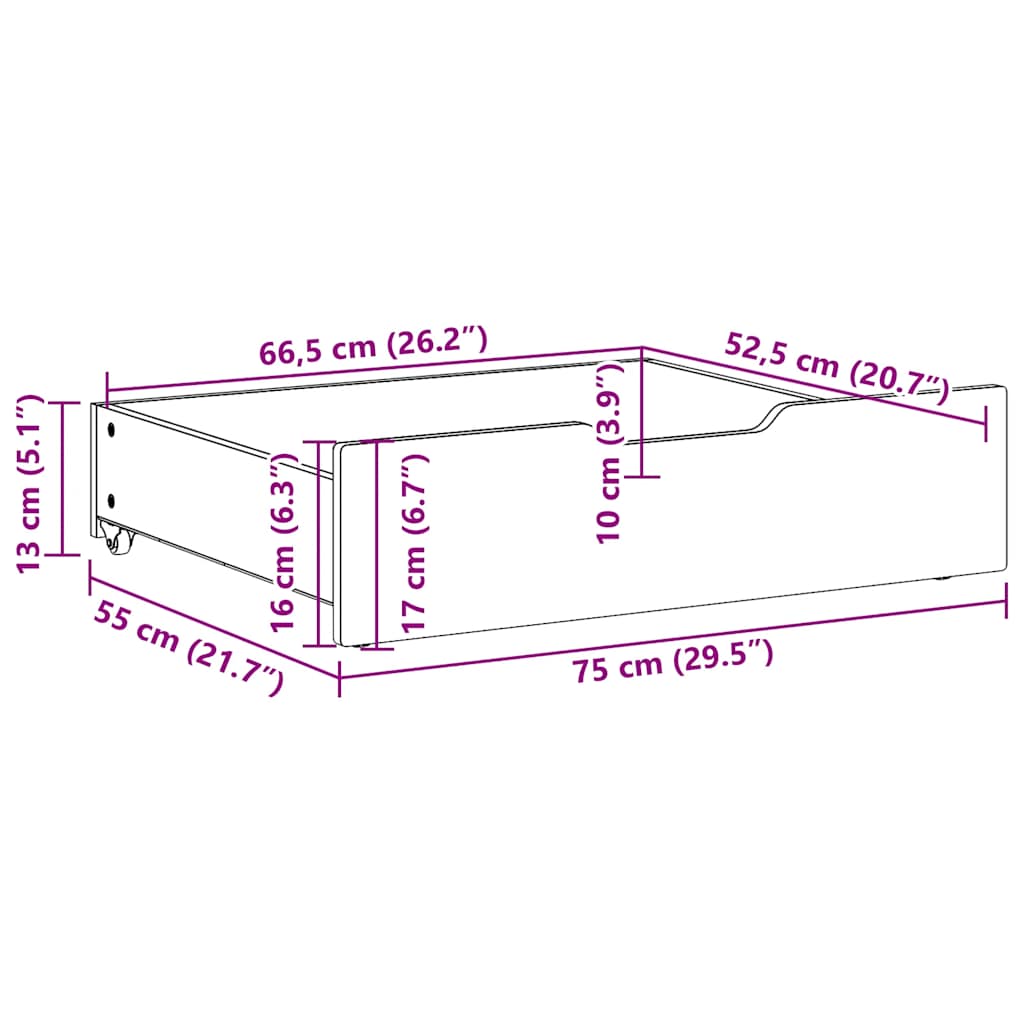 Cassettoni da Letto con Ruote 2 pz 75x55x17 cm in Legno di Pino | homemem39