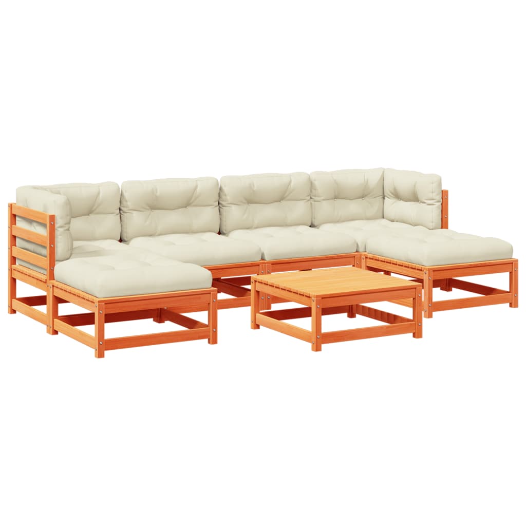 Set Divani Giardino 7 pz con Cuscini Marrone Cera Massello Pino | homemem39