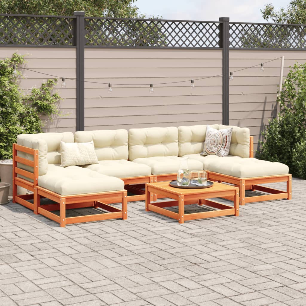 Set Divani Giardino 7 pz con Cuscini Marrone Cera Massello Pino | homemem39