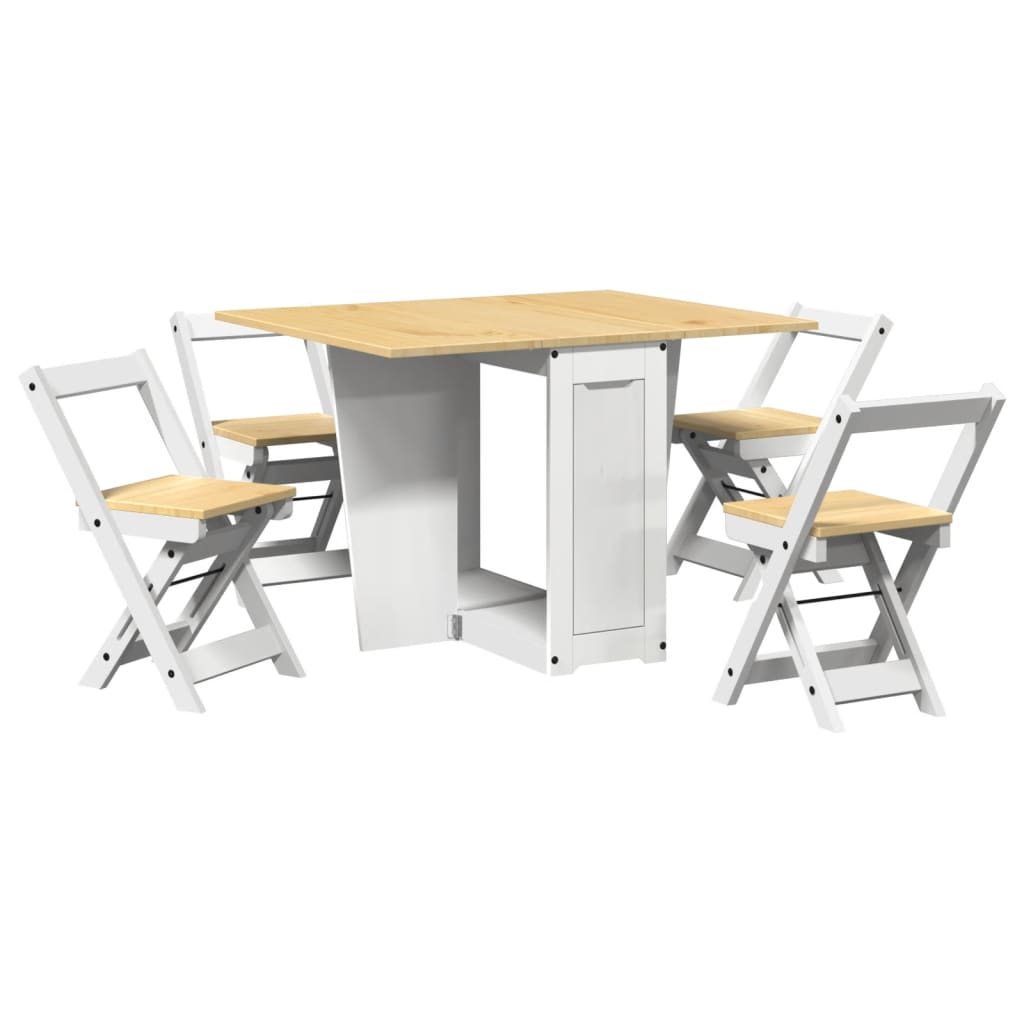 Set da Pranzo 5 pz Corona Pieghevole Bianco in Legno di Pino