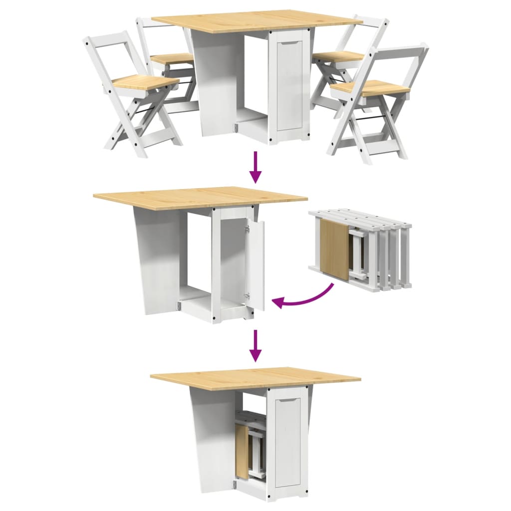 Set da Pranzo 5 pz Corona Pieghevole Bianco in Legno di Pino