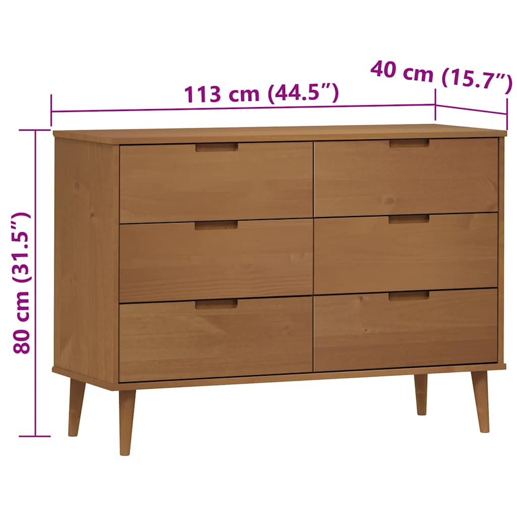 Cassettiera MOLDE Marrone 113x40x80cm in Legno Massello di Pino | homemem39