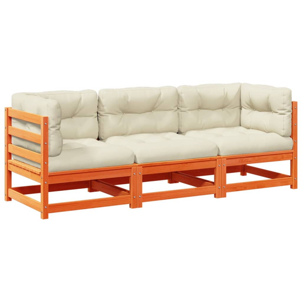 Set Divani Giardino 3 pz con Cuscini Marrone Cera Massello Pino | homemem39