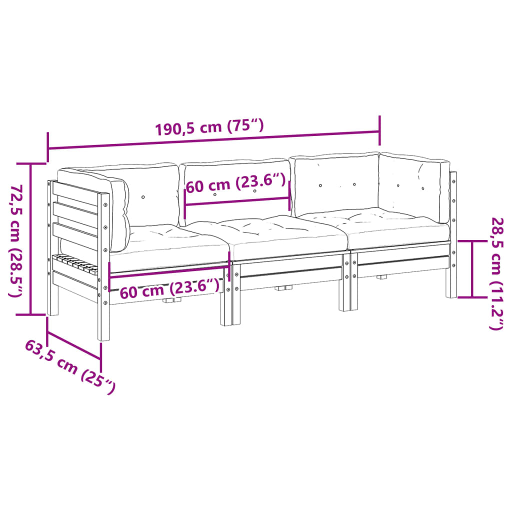 Set Divani da Giardino 3pz con Cuscini Legno Impregnato di Pino | homemem39
