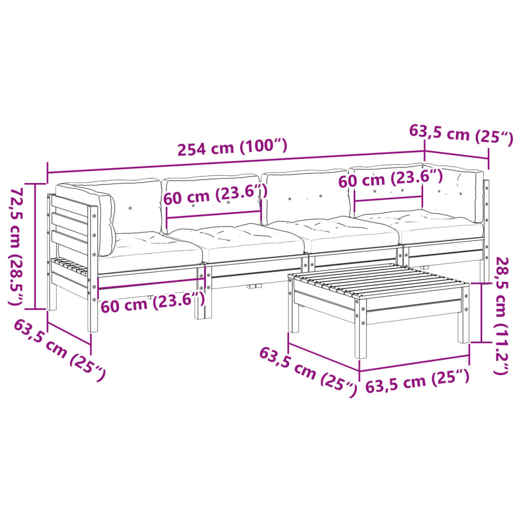 Set Divani Giardino 5pz con Cuscini Marrone Cera Massello Pino