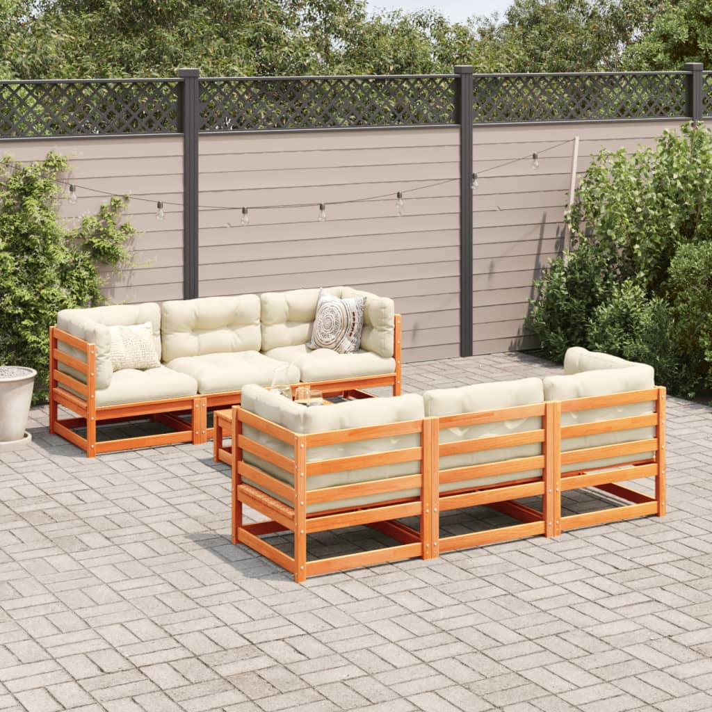 Set Divani Giardino 7 pz con Cuscini Marrone Cera Massello Pino | homemem39