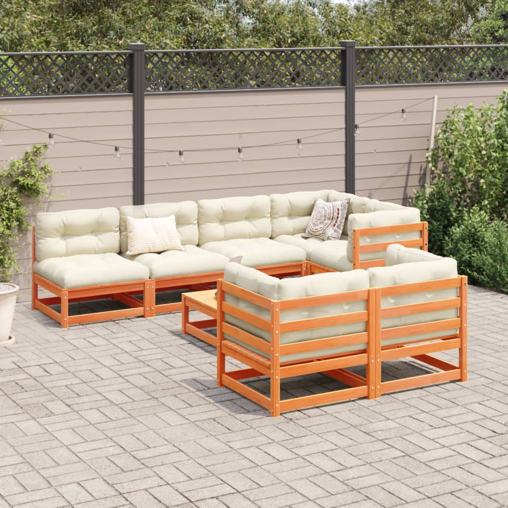 Set Divani Giardino 8 pz con Cuscini Marrone Cera Massello Pino | homemem39