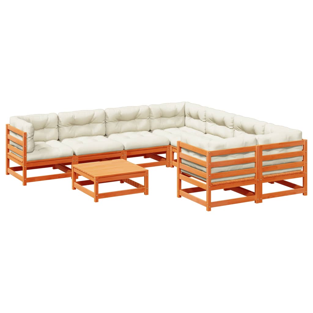 Set Divani Giardino 9 pz con Cuscini Marrone Cera Massello Pino | homemem39