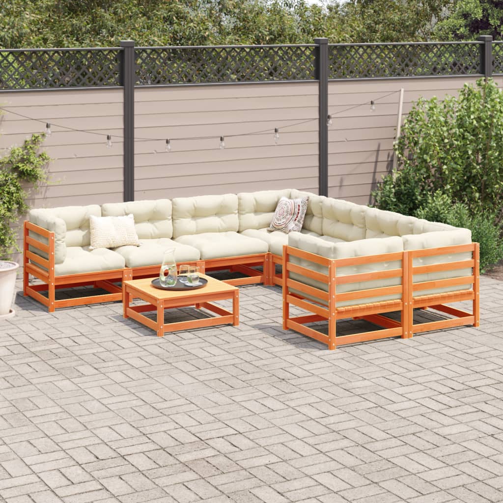 Set Divani Giardino 9 pz con Cuscini Marrone Cera Massello Pino | homemem39