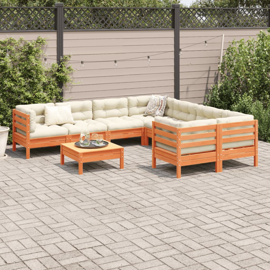 Set Divani Giardino 9 pz con Cuscini Marrone Cera Massello Pino | homemem39