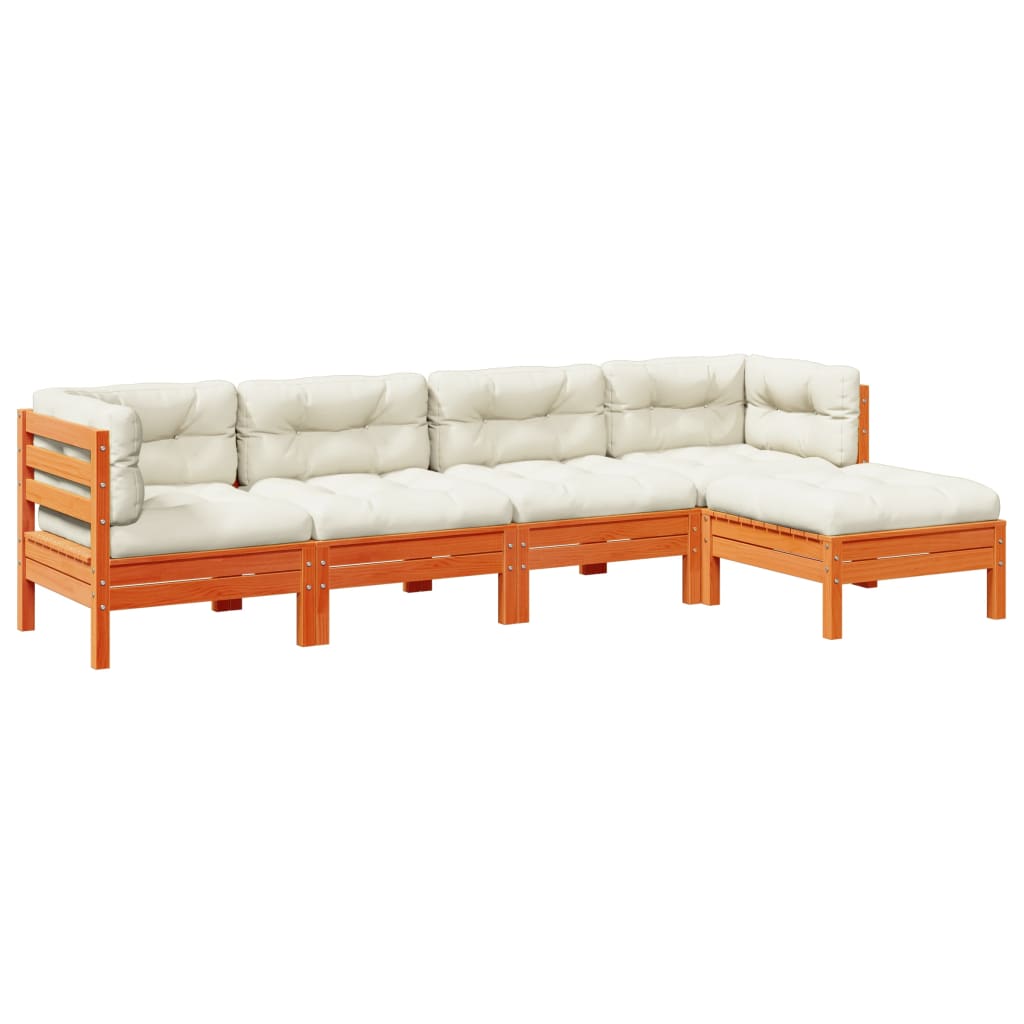 Set Divani Giardino 5pz con Cuscini Marrone Cera Massello Pino - homemem39