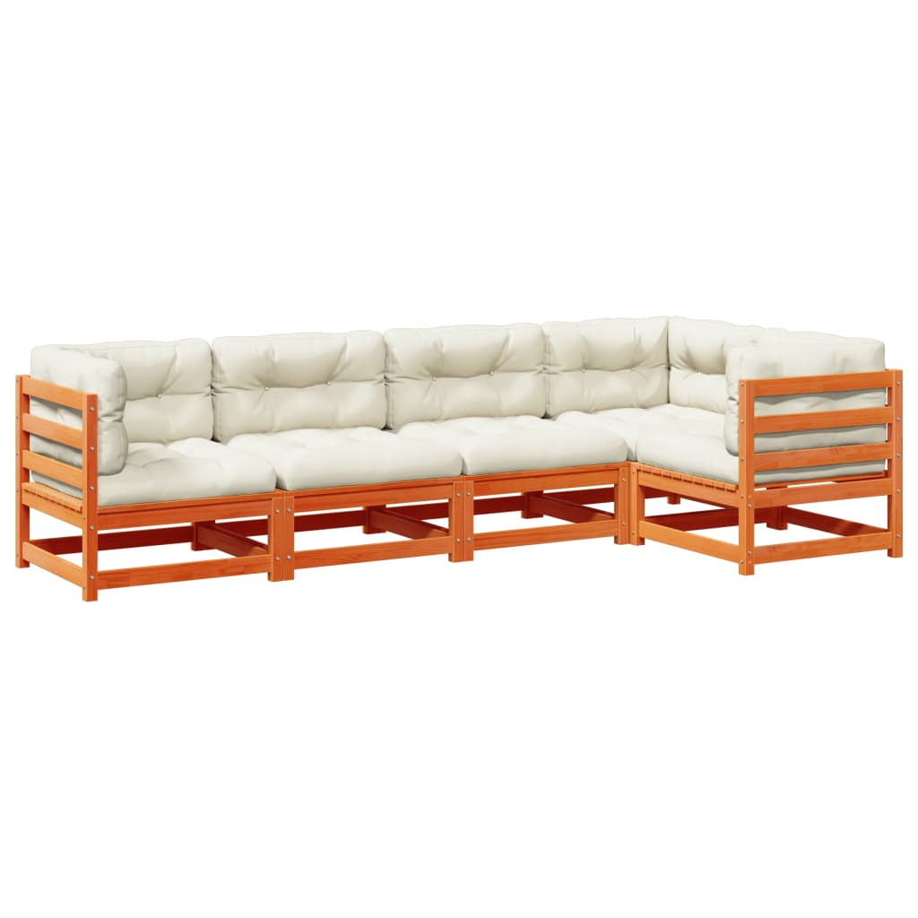 Set Divani Giardino 5pz con Cuscini Marrone Cera Massello Pino | homemem39
