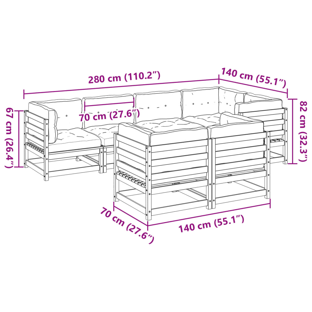 Set Divani Giardino 7 pz con Cuscini Marrone Cera Massello Pino | homemem39
