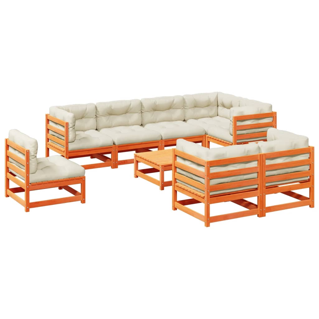 Set Divani Giardino 9 pz con Cuscini Marrone Cera Massello Pino | homemem39