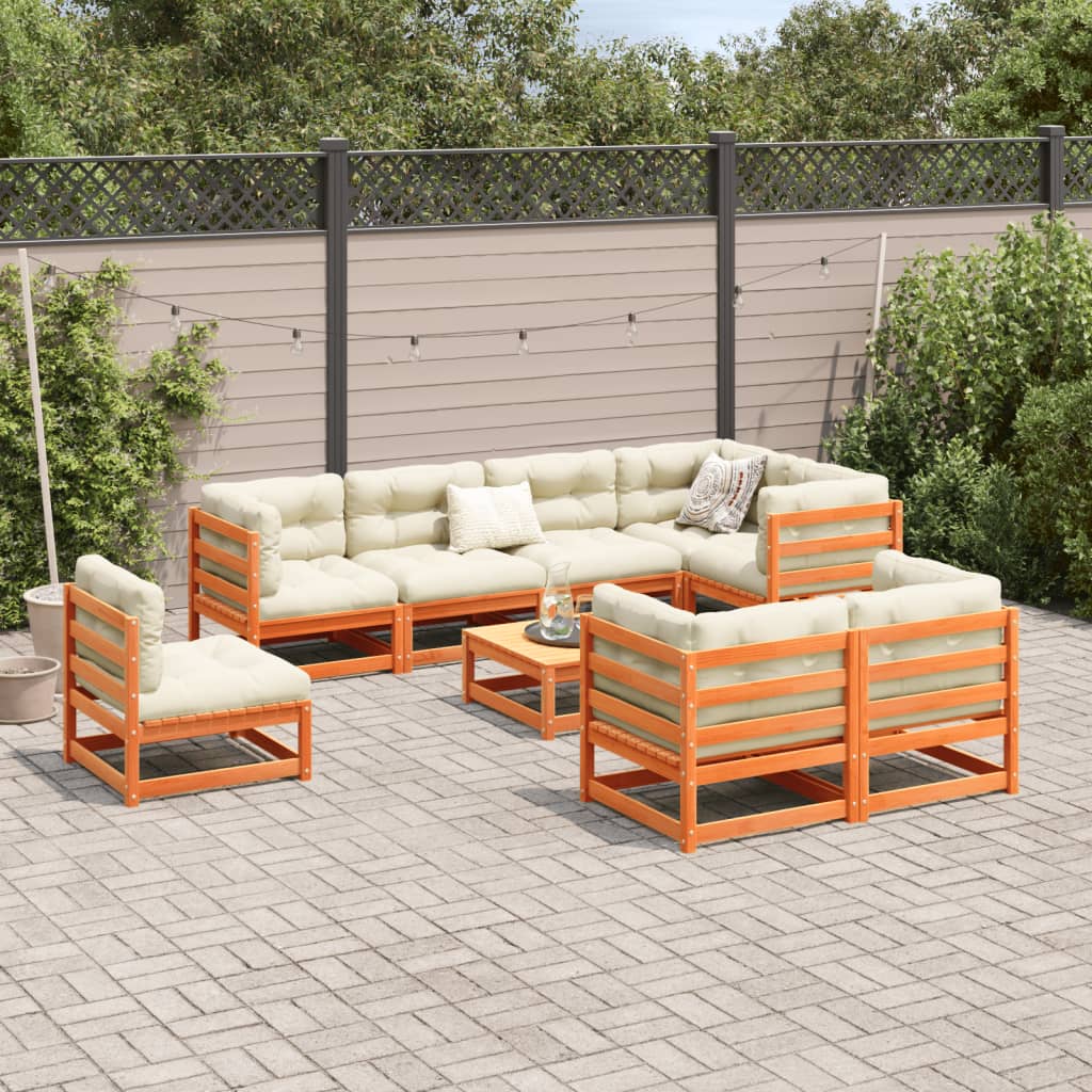 Set Divani Giardino 9 pz con Cuscini Marrone Cera Massello Pino | homemem39
