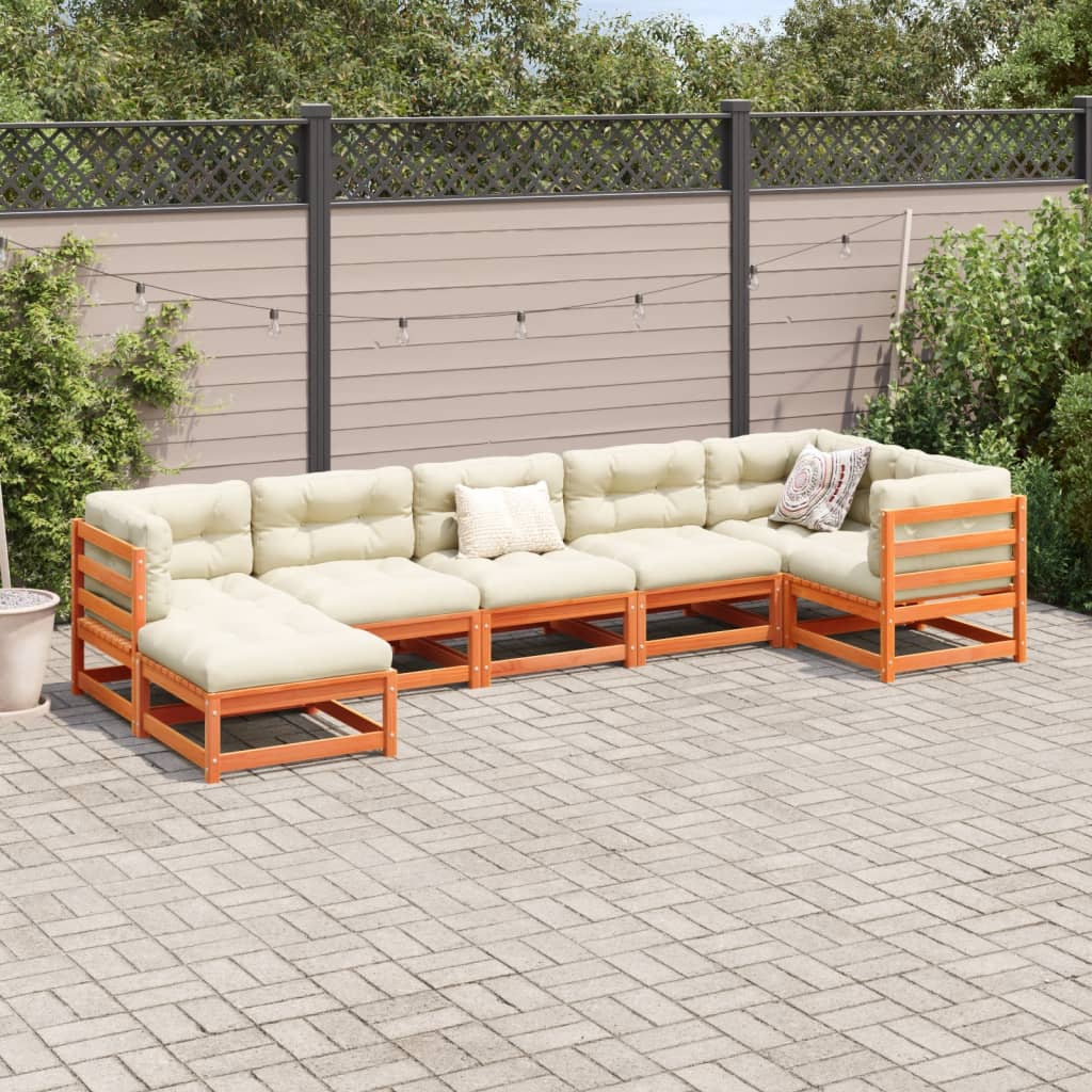 Set Divani Giardino 7 pz con Cuscini Marrone Cera Massello Pino | homemem39