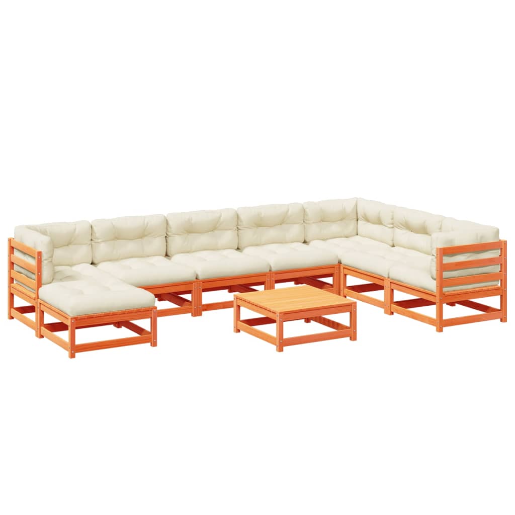 Set Divani Giardino 9 pz con Cuscini Marrone Cera Massello Pino | homemem39