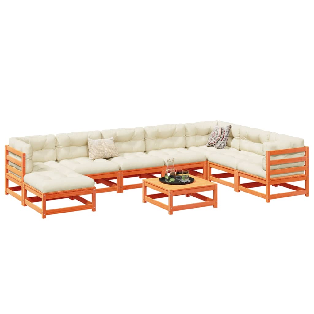 Set Divani Giardino 9 pz con Cuscini Marrone Cera Massello Pino | homemem39