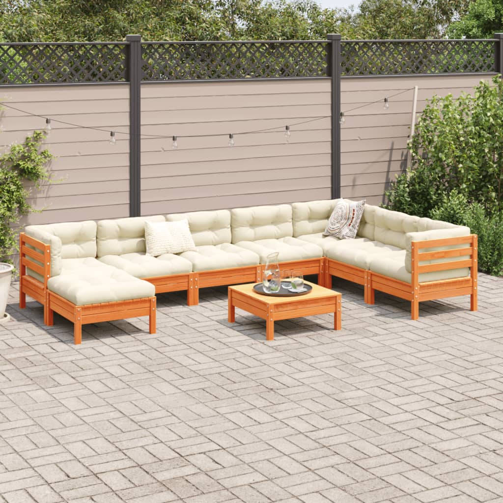 Set Divani Giardino 9 pz con Cuscini Marrone Cera Massello Pino | homemem39